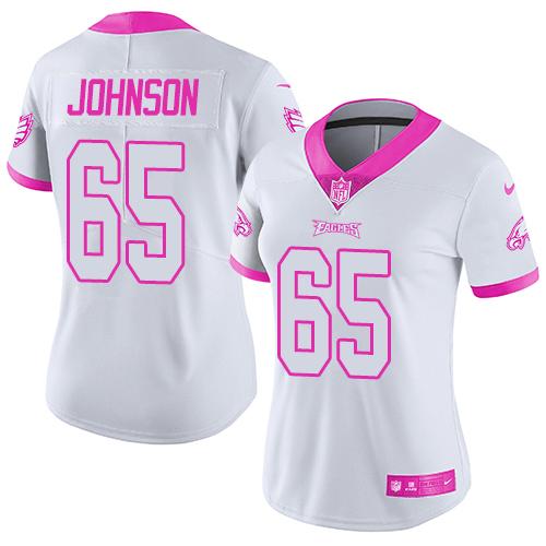 Nike Eagles #65 Lane Johnson White/Pink Women's Stitched NFL Limited Rush Fashion Jersey